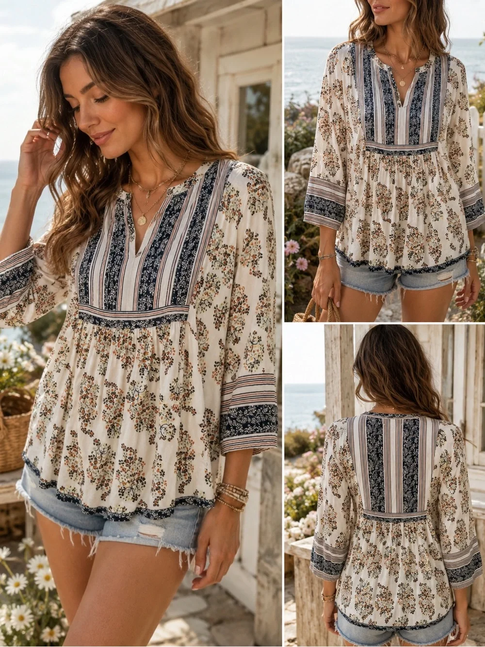 Lucky Brand Boho Floral Paisley Babydoll Blouse Tunic Top Size S/P